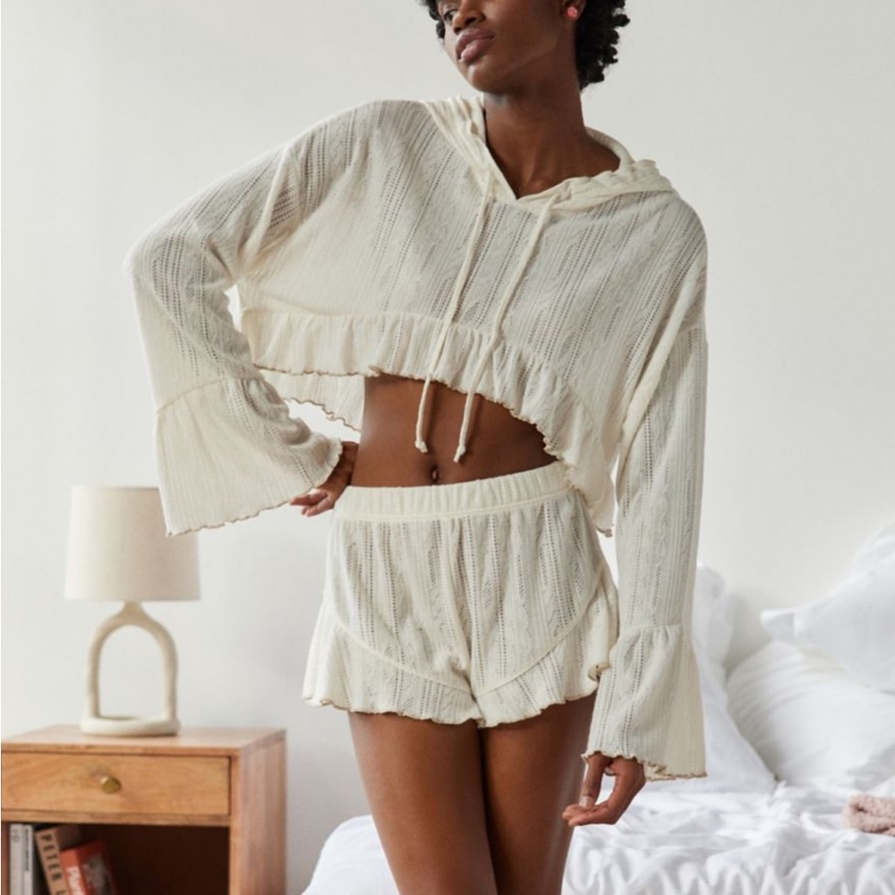 Urban Outfitters Cream Cropped Hoodie & Shorts Loungewear Set